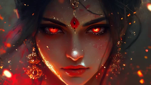 Fiery gaze of a mystical woman in glowing ember light.