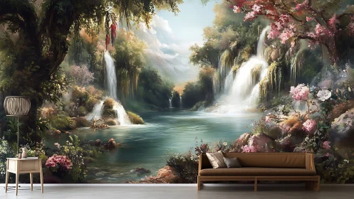 Interior mural with hyper-detailed cascading waterfalls panorama.