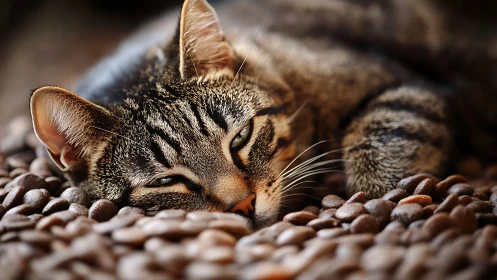 Tabby Feline Resting on Granular Substrate with Closed Eyes.