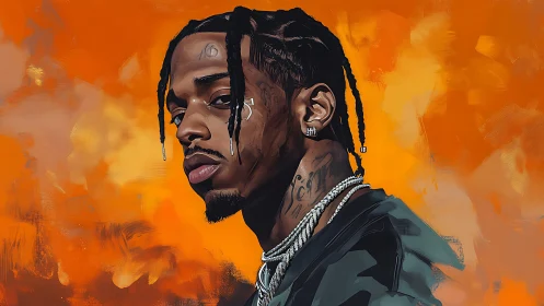 Digital portrait of braided rapper over vivid orange field.