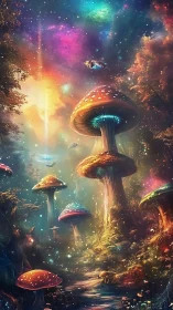 Luminescent mushroom forest glows beneath a cosmic sky