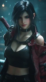 Cyberpunk swordswoman stands in rainlit neon alleyway.