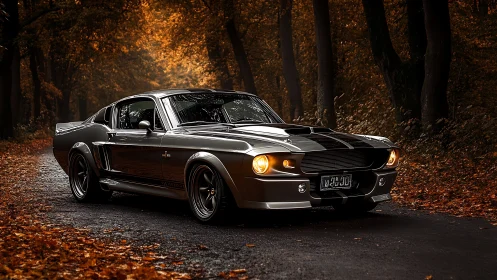 Autumn-lit muscle legend prowling a shadowed forest road.