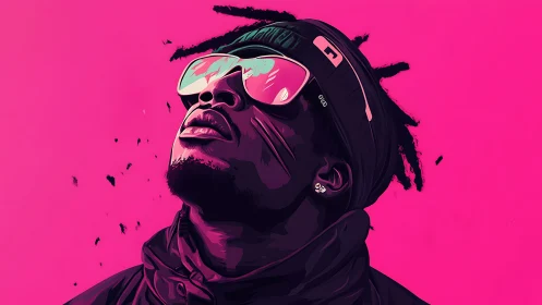 Stylized portrait of man in sunglasses on neon pink background.