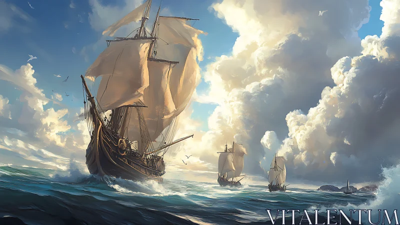 Storm-bound galleons cut luminous waves beneath titanic clouds.