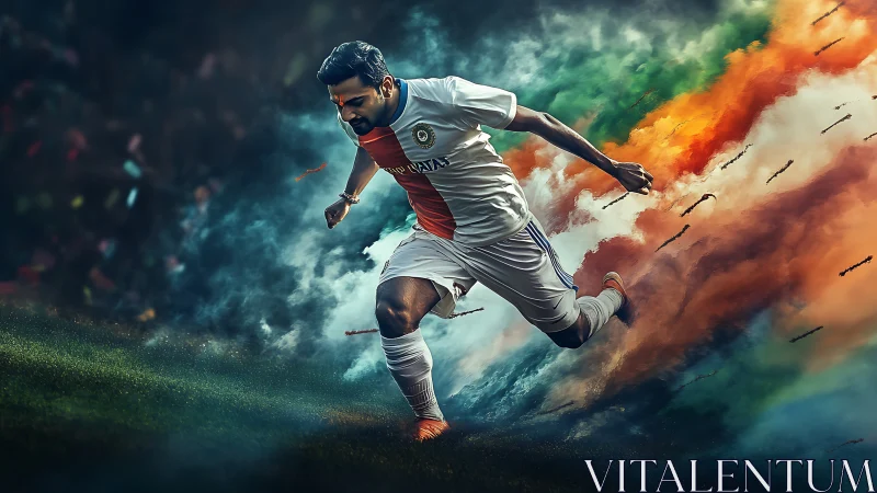 Dynamic football runner cutting through tricolor particle clouds