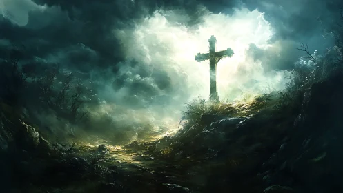 Solitary cross rises through storm-lit clouds on a rugged hill