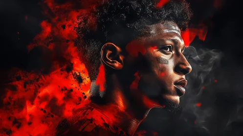 Fiery athlete portrait emerges from smoke and molten red energy