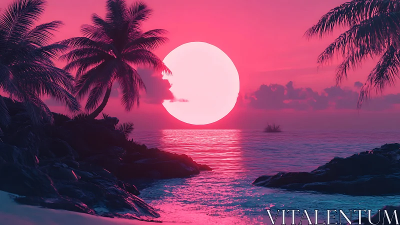 Neon tropic sunset sphere melts over electric palm lagoon.