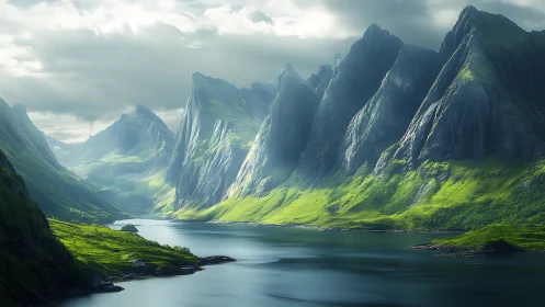 Emerald fjord valley under towering misted granite peaks.