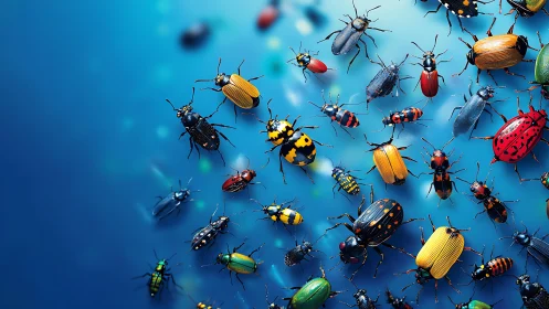 Colorful beetle specimens arranged over blue gradient field.