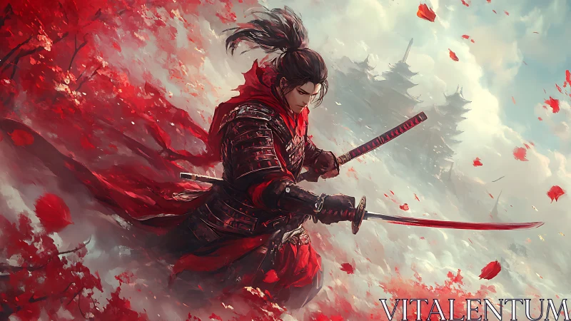 Samurai warrior with dual katanas amid red foliage.