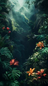 Dense tropical gorge with foliage and filtered light shafts.
