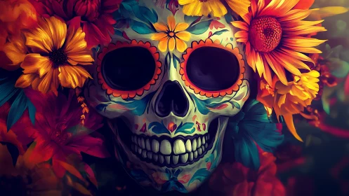 Decorated skull with multicolored flowers in close view.