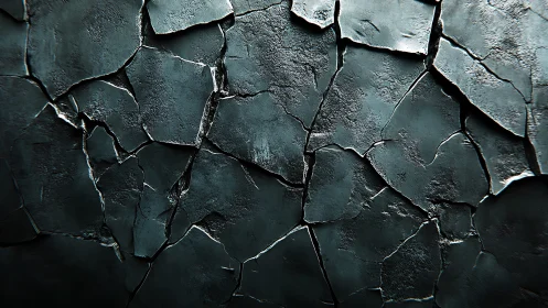 Fragmented dark surface displays layered cracked texture