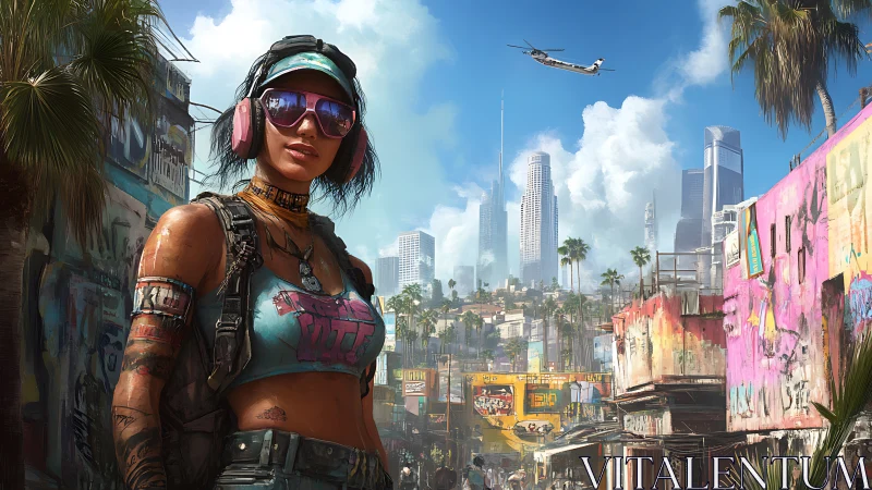 Urban street adventurer in colorful futuristic cityscape.