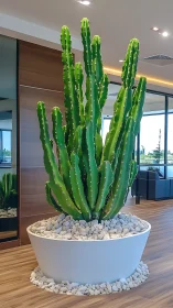 Tall columnar cactus in sleek white planter indoors.