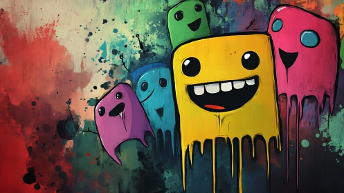 Cheerful dripping monster friends share a colorful street laugh
