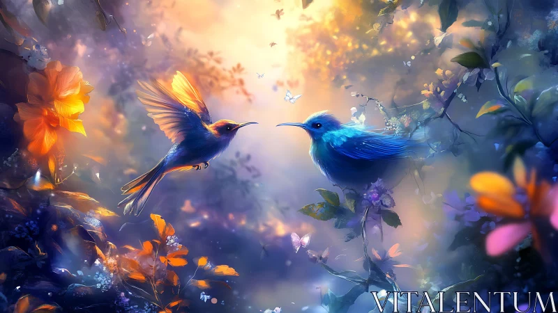 Bioluminescent blue songbirds in ethereal twilight garden