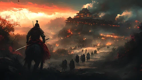 Lone samurai on horseback approaches a burning hill fortress.