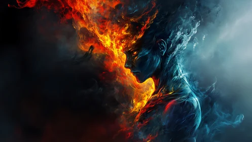 Elemental figure merges blazing fire and cold smoke