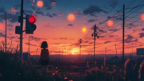 Girl watching red sunset over city railway lines.
