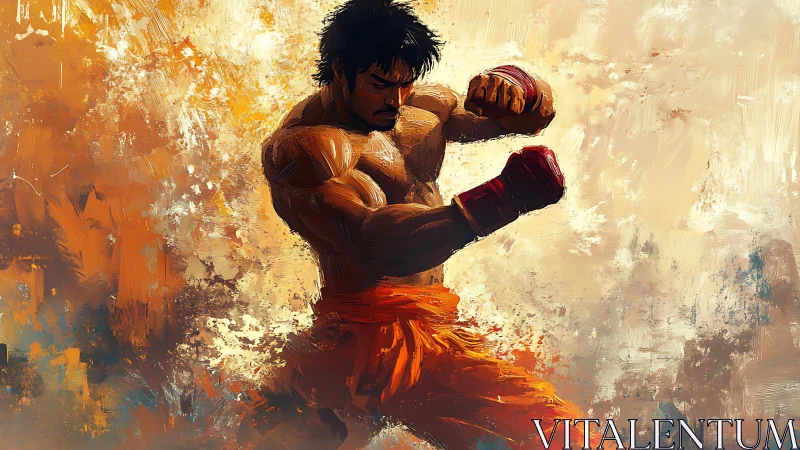 Powerful martial artist leaping forward in fiery motion.