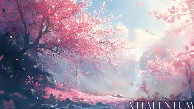 Cherry blossom valley under soft ethereal spring light.