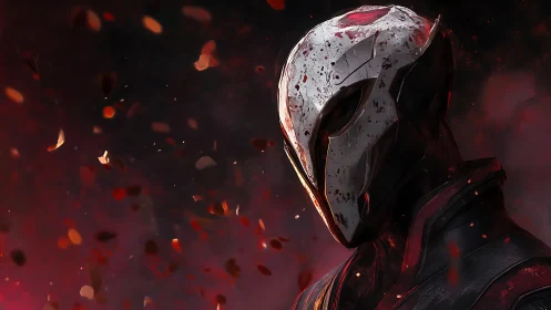 Armored helmeted figure stands amid red particle field