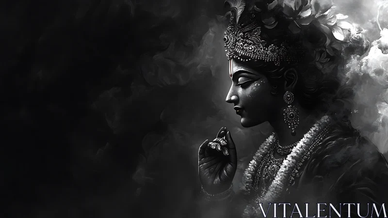 Black and white side profile of ornate divine statue figure.