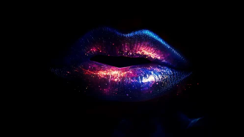 Nebula-textured lips illuminated by high-contrast neon rimlight