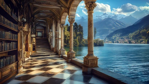 Lakeside marble library veranda overlooking storybook peaks.