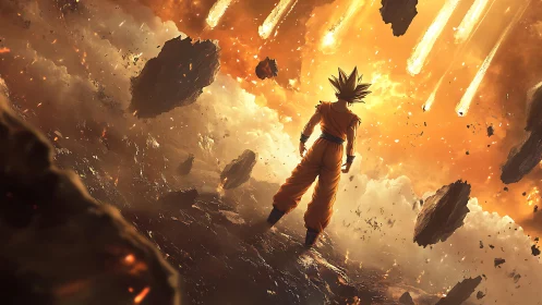 Warrior silhouetted in apocalyptic meteor storm skyscape.