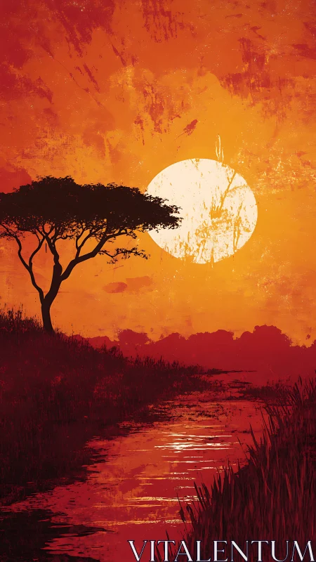 Golden savanna sunset by a quiet winding riverbank.