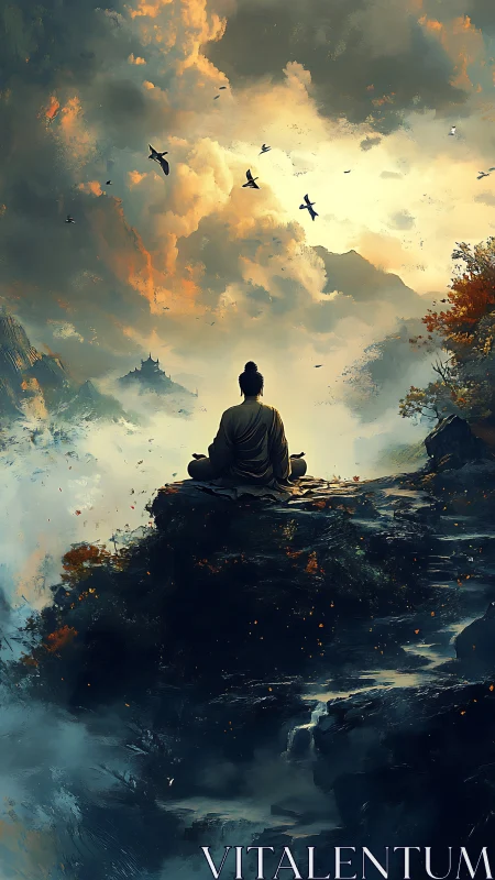 Solitary monk contemplates luminous storm clouds above valley