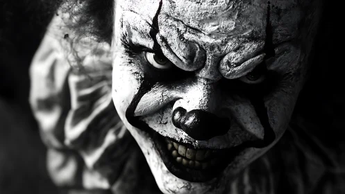 Close-up monochrome portrait of sinister styled clown.