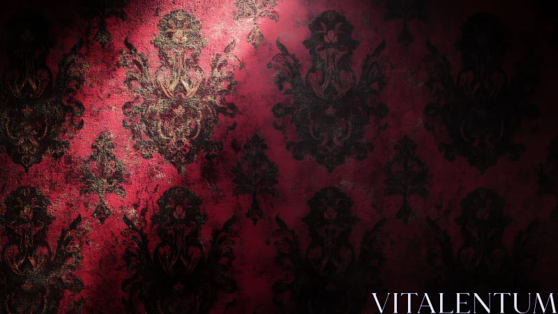 Baroque damask wall pattern with dramatic chiaroscuro lighting.