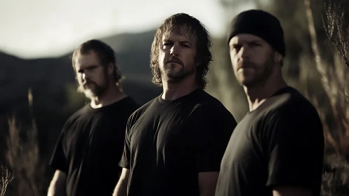 Three men in shallow focus portrait under muted outdoor light