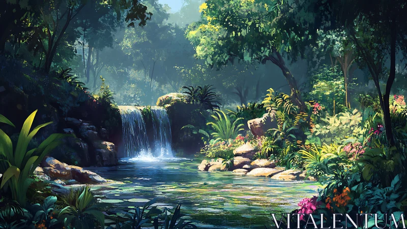 Sunlit jungle waterfall pool invites calm reflection and wonder