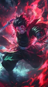 Bladeborn inferno warrior lunges through swirling wildfire flames.