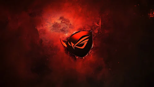 Red gaming emblem on dark textured abstract background.