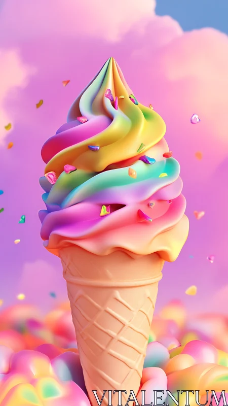 Candy-colored ice cream swirl rises in a dreamy pastel sky