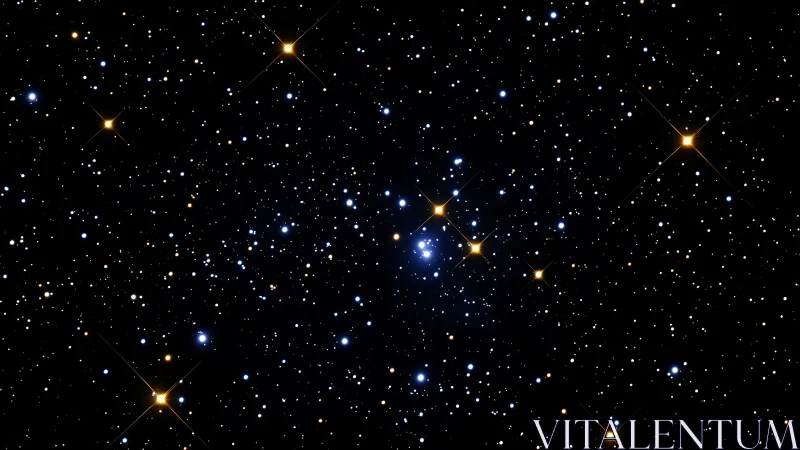 Star field with dense blue cluster in deep black sky.