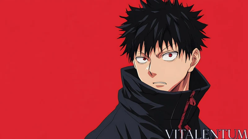 Brooding anime hero on stark red minimal backdrop.