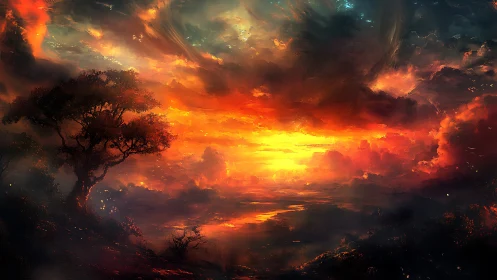 Radiant fantasy sunset sky welcomes a lone dreaming tree