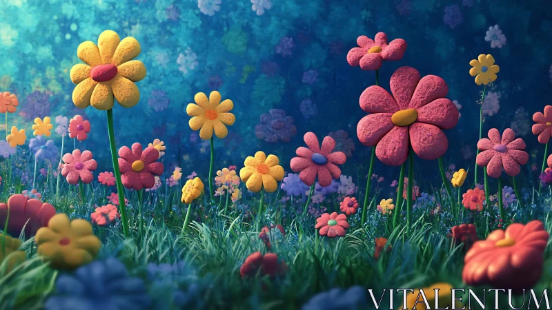 Colorful 3D flowers against blurred blue bokeh background