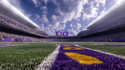 Low-angle end zone rendering of packed digital football stadium.