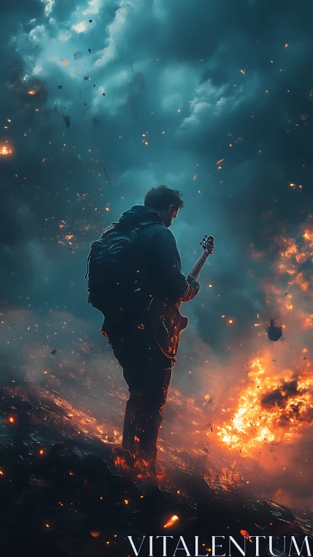 Cinematic digital painting of guitarist in apocalyptic firestorm.