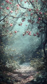 Narrow forest path recedes under arching, blossom laden branches