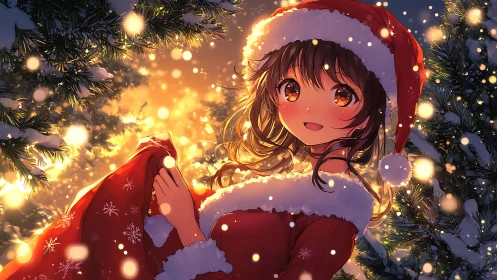 Christmas anime portrait with dynamic bokeh and warm rim lighting